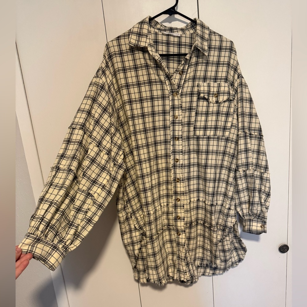 TALULAH plaid flannel button down Tunic Shirt